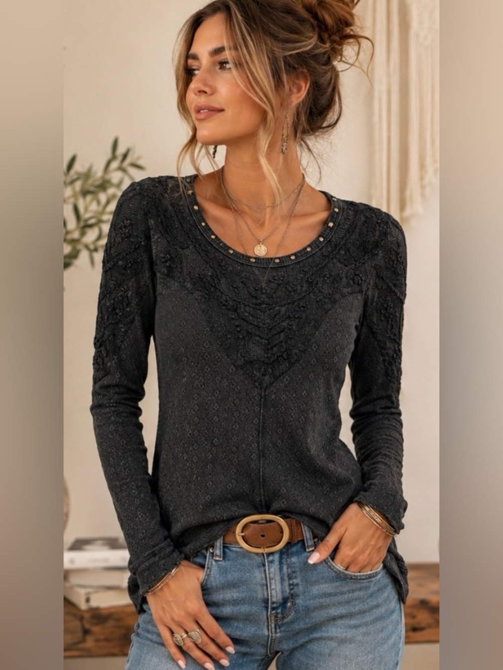 Free People Size Small Black Embellished Top Studded  Boho Lace Long Sleeve